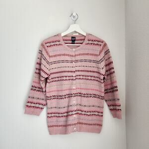 Vintage Y2K GAP Wool Fair Isle Knit Sweater Cardigan Pink Stripe S/M